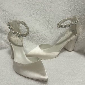 Pointed Toe Satin Block Heels with Crystal Strap